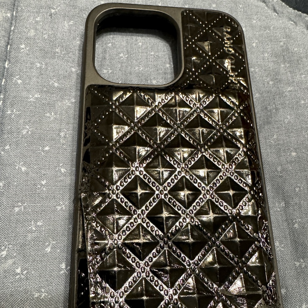iPhone 13 Pro Bandolier pyramid case. Pewter hardware.